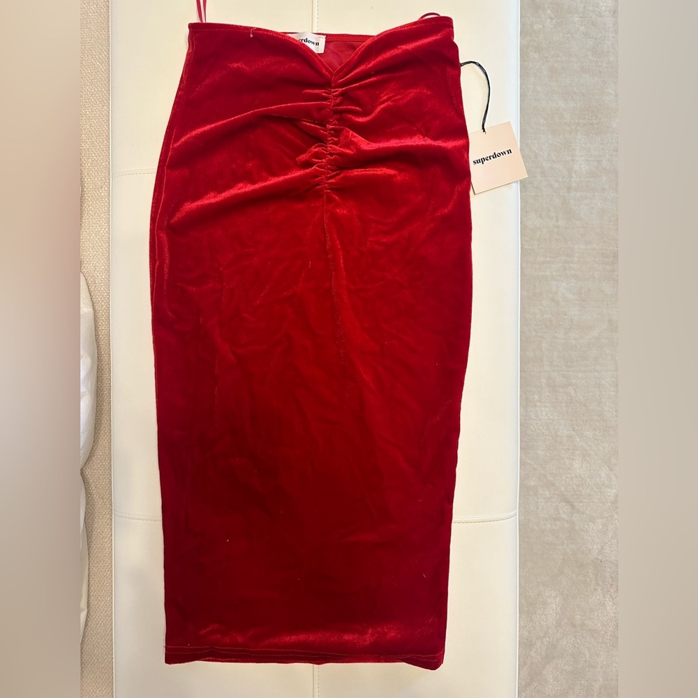 superdown Red Velvet Ruched Midi Pencil Skirt